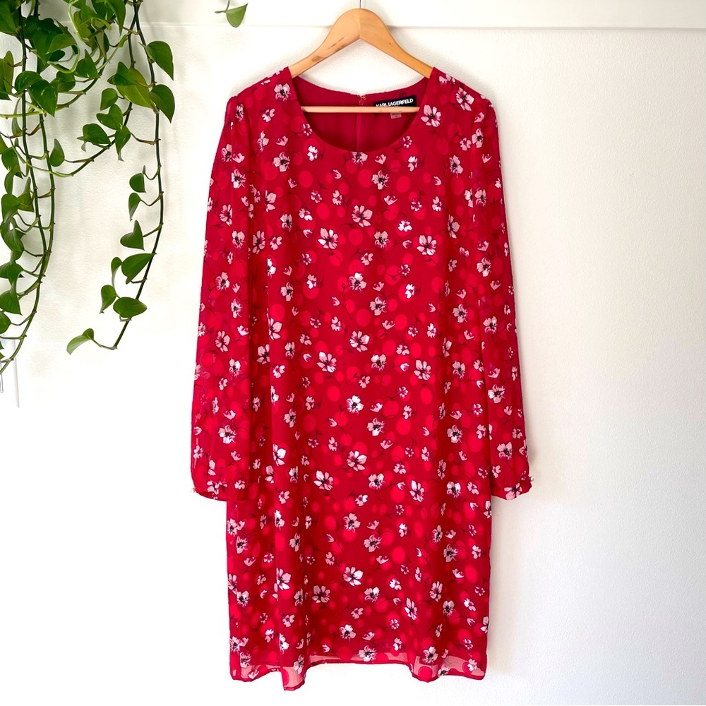 Karl Lagerfeld Bright Red Floral Layered Chiffon Long Sleeve Midi Shift Dress